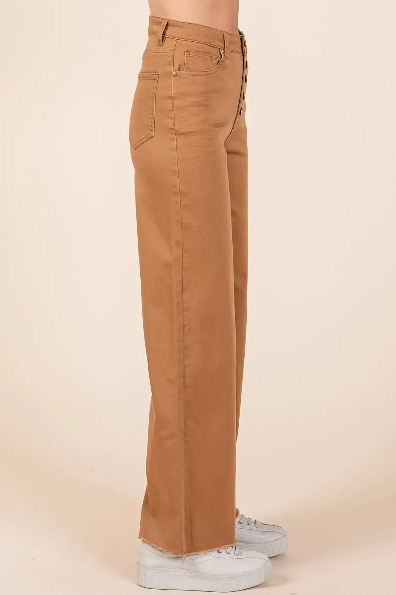 Twill High Waisted Button Fly Wide Leg Pants - Body Central