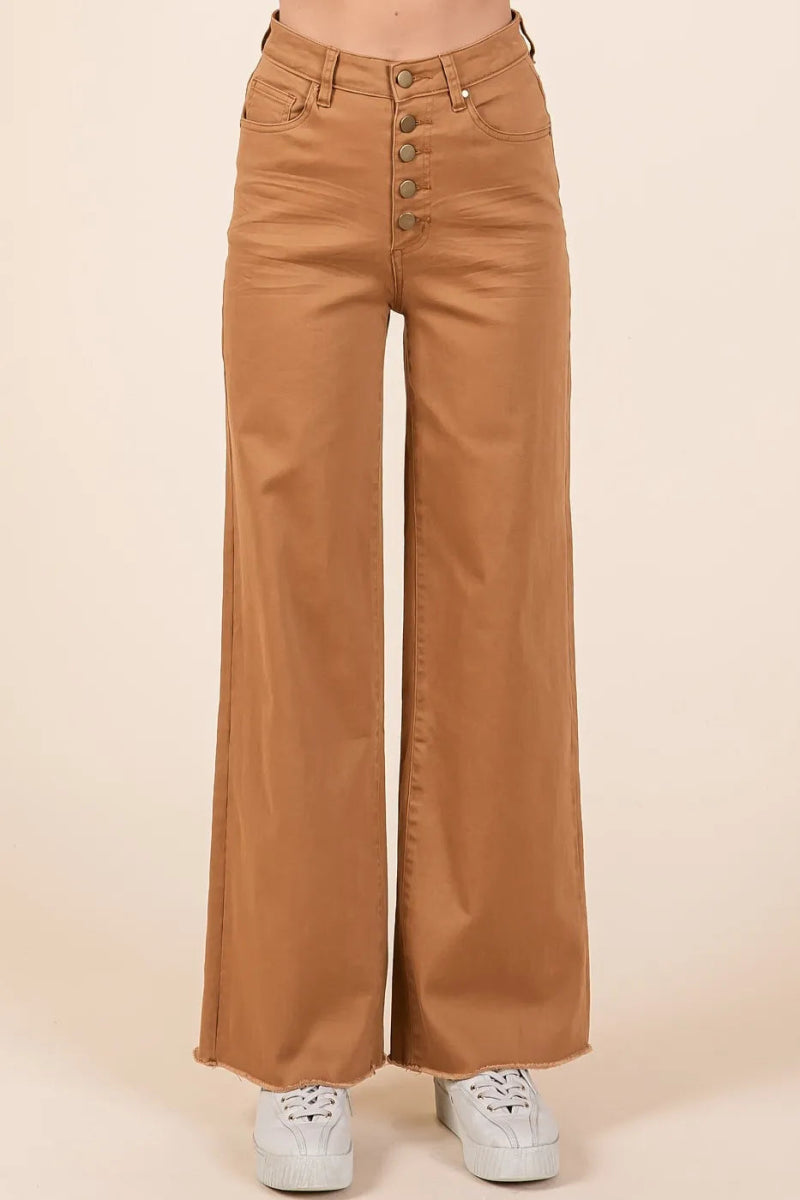 Twill High Waisted Button Fly Wide Leg Pants - Body Central