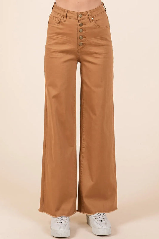 Twill High Waisted Button Fly Wide Leg Pants - Body Central