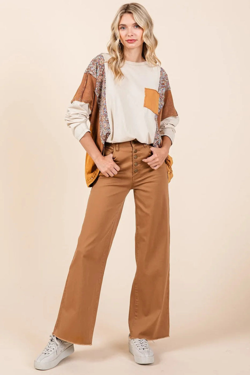 Twill High Waisted Button Fly Wide Leg Pants - Body Central