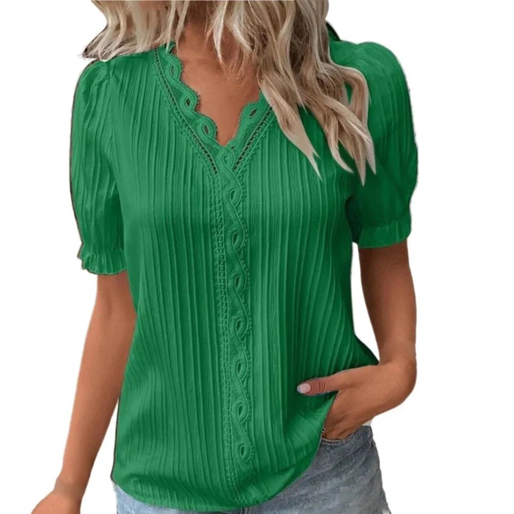 V - Neck Hollow Short Sleeve Splice Loose Street Blouse - Body Central