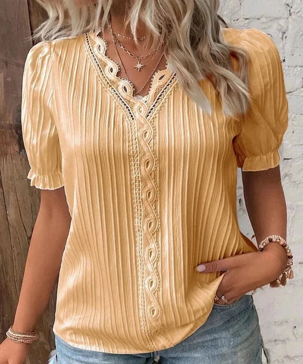 V - Neck Hollow Short Sleeve Splice Loose Street Blouse - Body Central