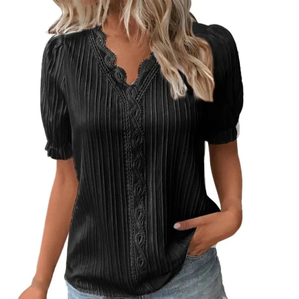 V - Neck Hollow Short Sleeve Splice Loose Street Blouse - Body Central
