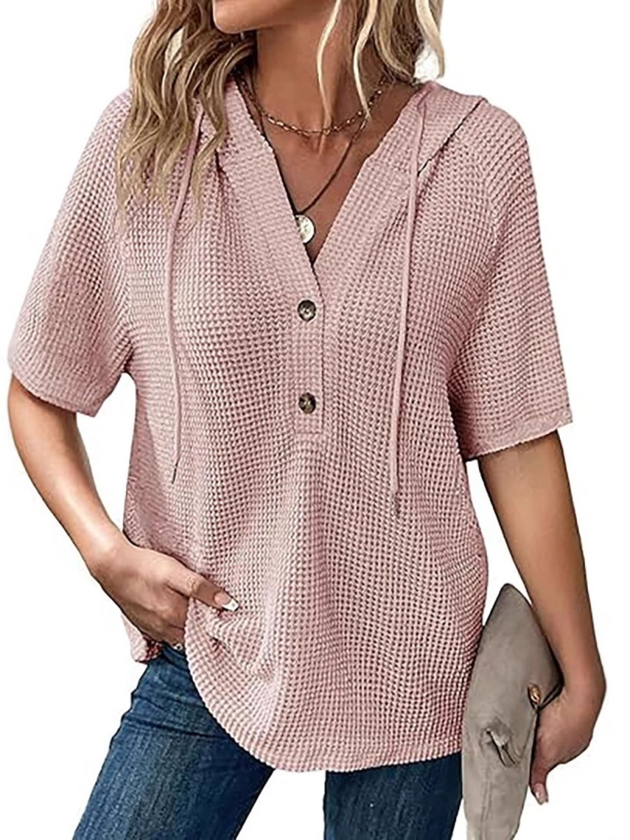 Waffle - Knit Hooded Short Sleeve Blouse - Body Central