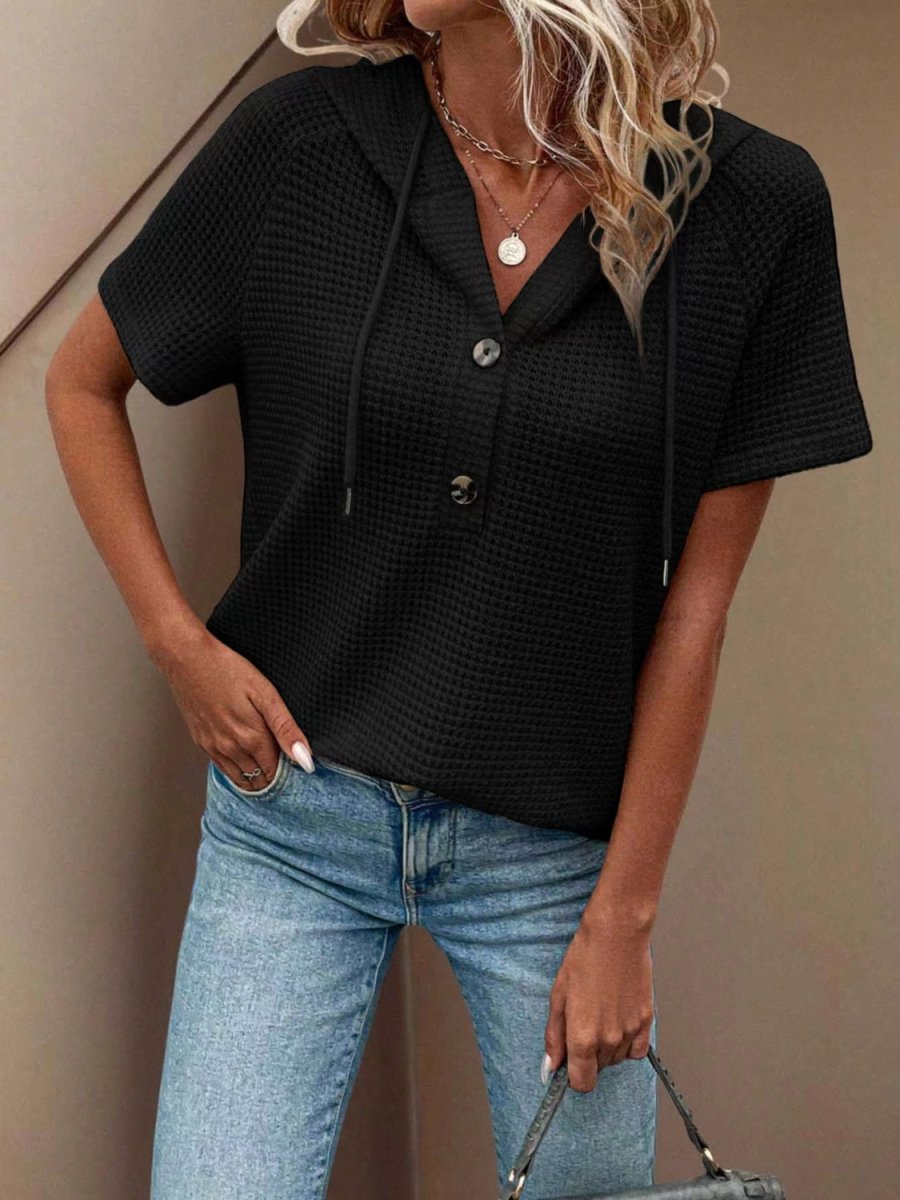 Waffle - Knit Hooded Short Sleeve Blouse - Body Central