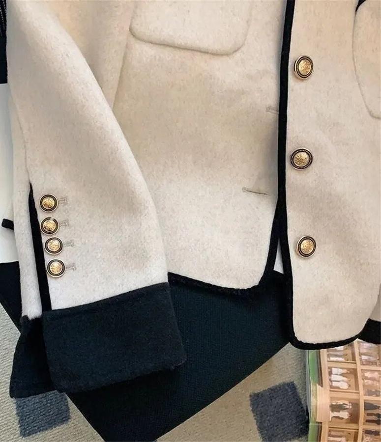 Wool Tweed Spliced Elegant Long Sleeve Single Breasted Jacket - Body Central