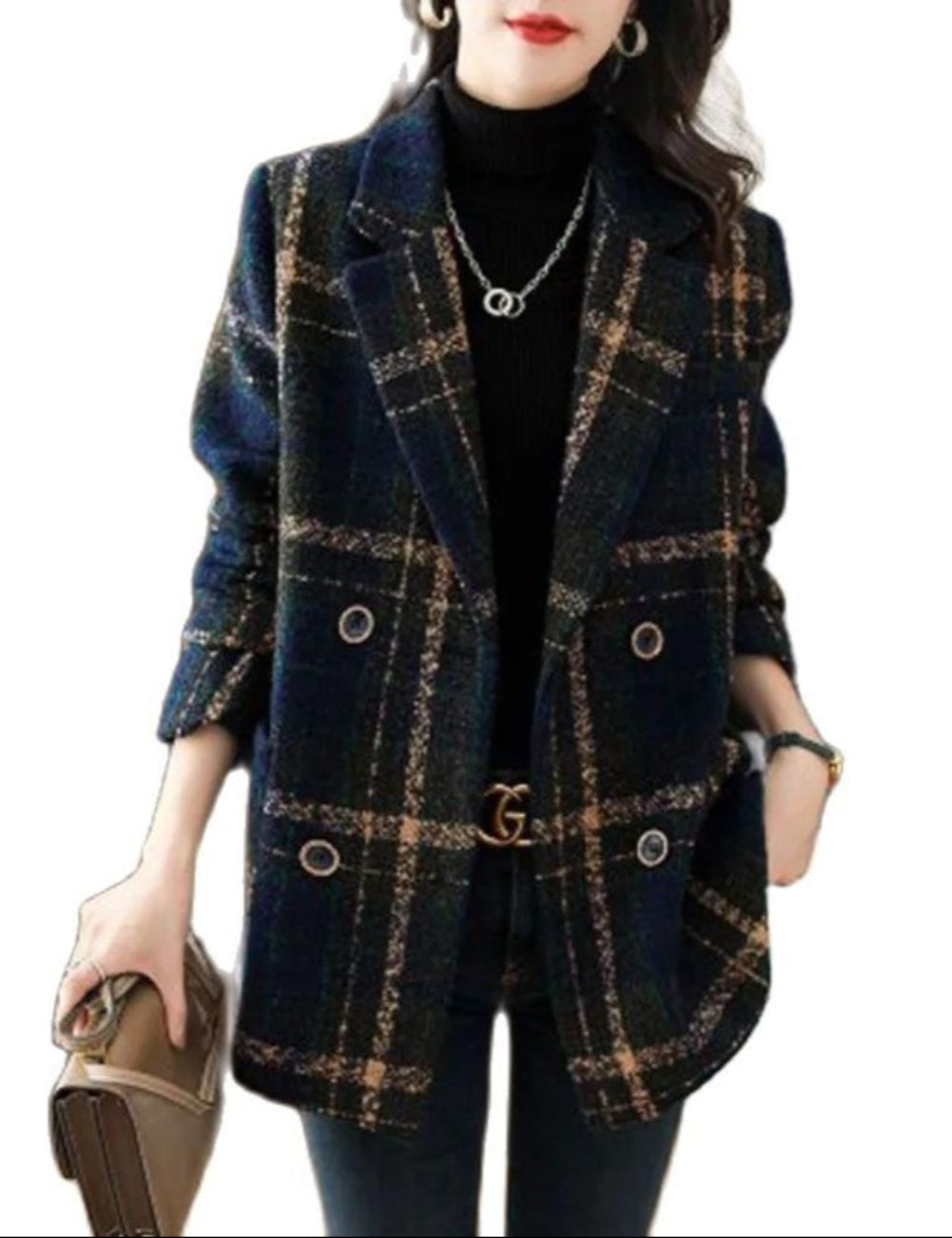 Fashion Plaid Casual Slim Double Breasted Woolen Coat - Body Central Store