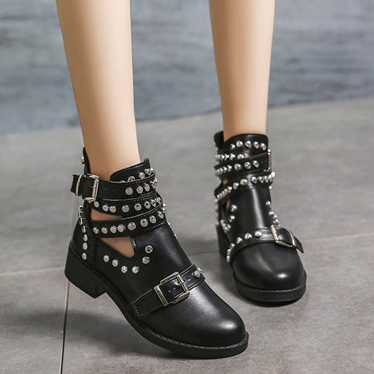 Retro Rivet Motorcycle Leather Ankle Buckle Martin Boot Low Heel Short Cowboy Boots - Body Central Store