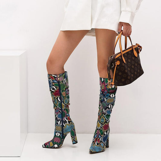 Colorful Snake Skin Boots Women High Heels Thick Mid-calf Boot Distressed Pointed Toe Zip Shoe Pleated Boots Slouch - Body Central Store