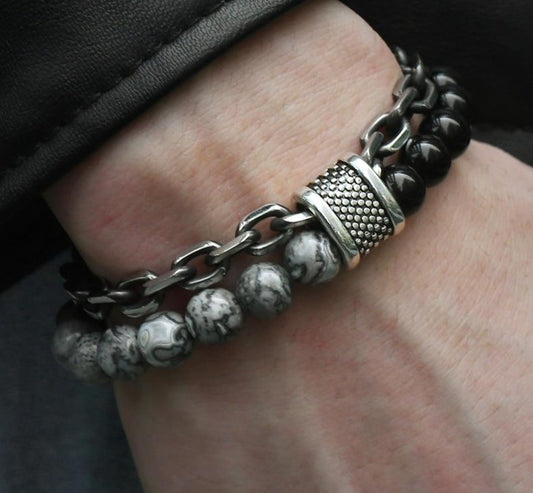 Natural Map Stone Men's Beaded Bracelet Stainless Steel Bracelets Jewelry Tiger Eye - Body Central Store