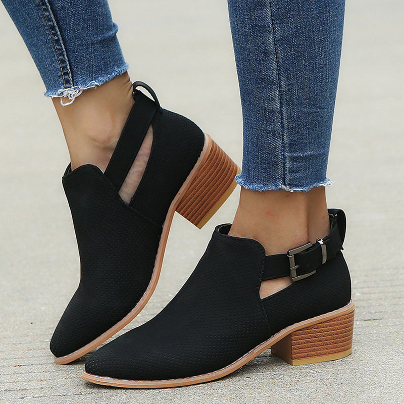 Womens Fashion Casual Shoes Suede Leather Buckle Boots High Heels Zipper - Body Central Store