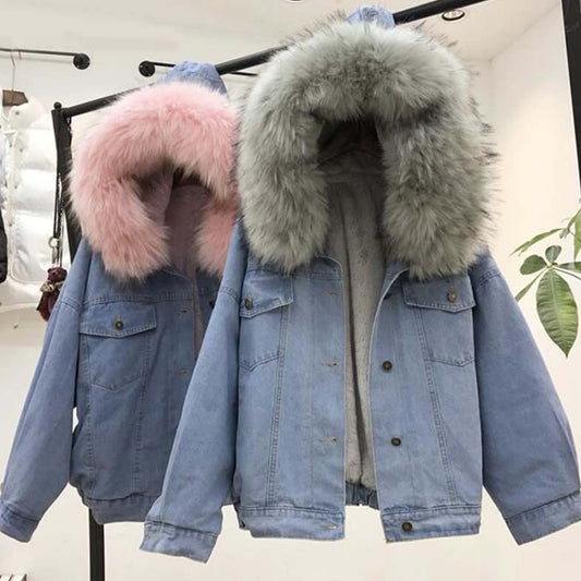 Women's Denim Jacket With Fur Winter Hooded Velvet Coat Faux Fur Collar Padded Warm Jacket - Body Central Store