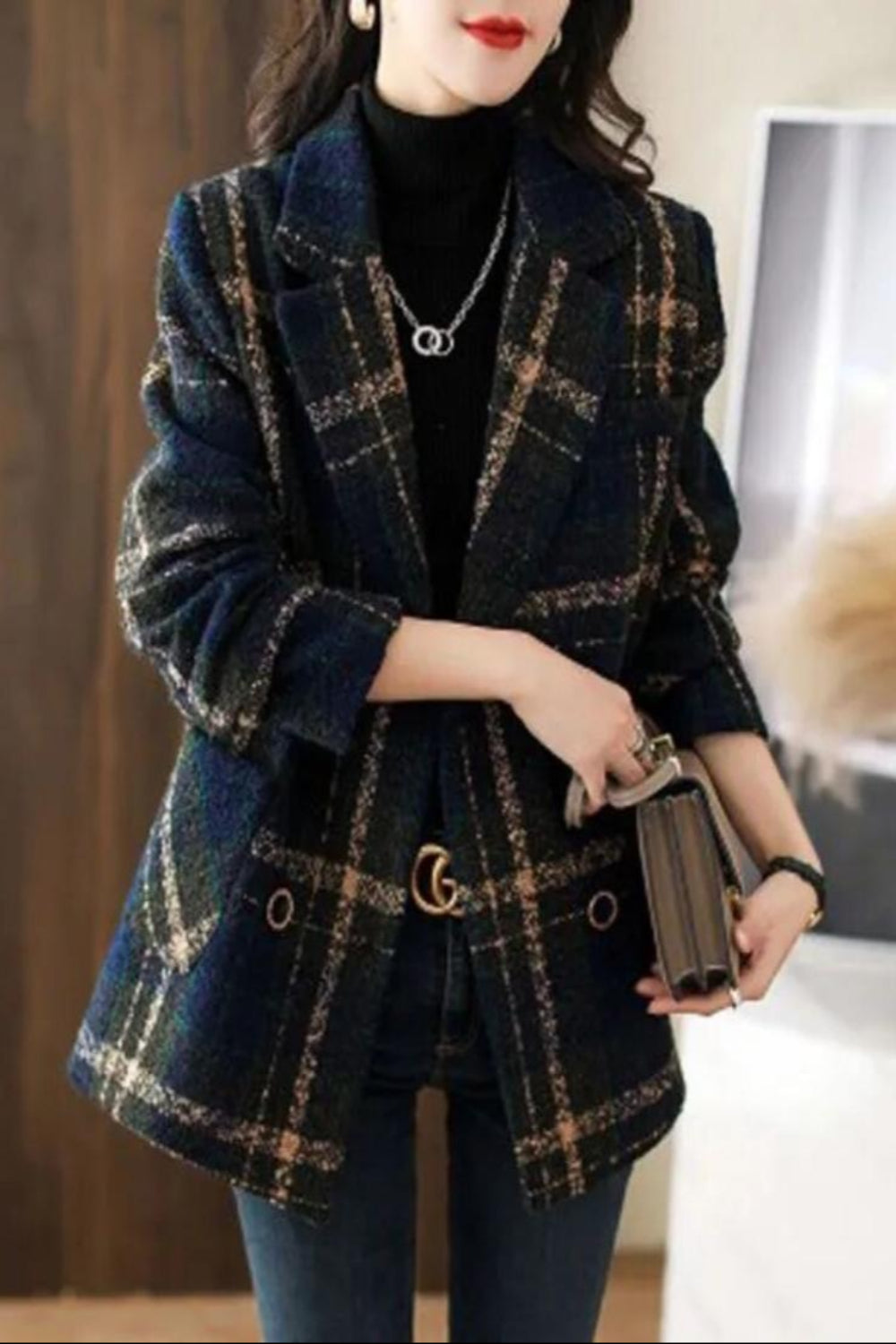 Fashion Plaid Casual Slim Double Breasted Woolen Coat - Body Central Store