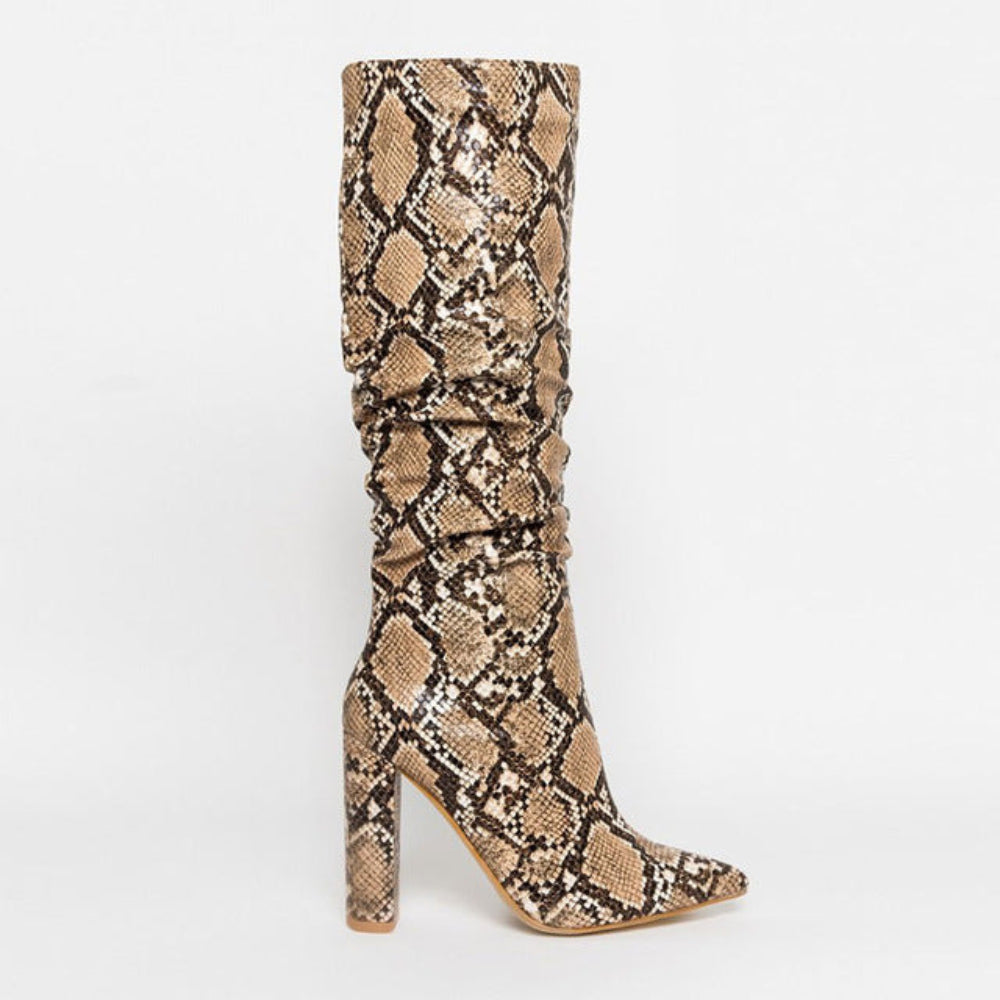 Colorful High Heels Thick Mid-calf Distressed Pointed Toe Zip Boots