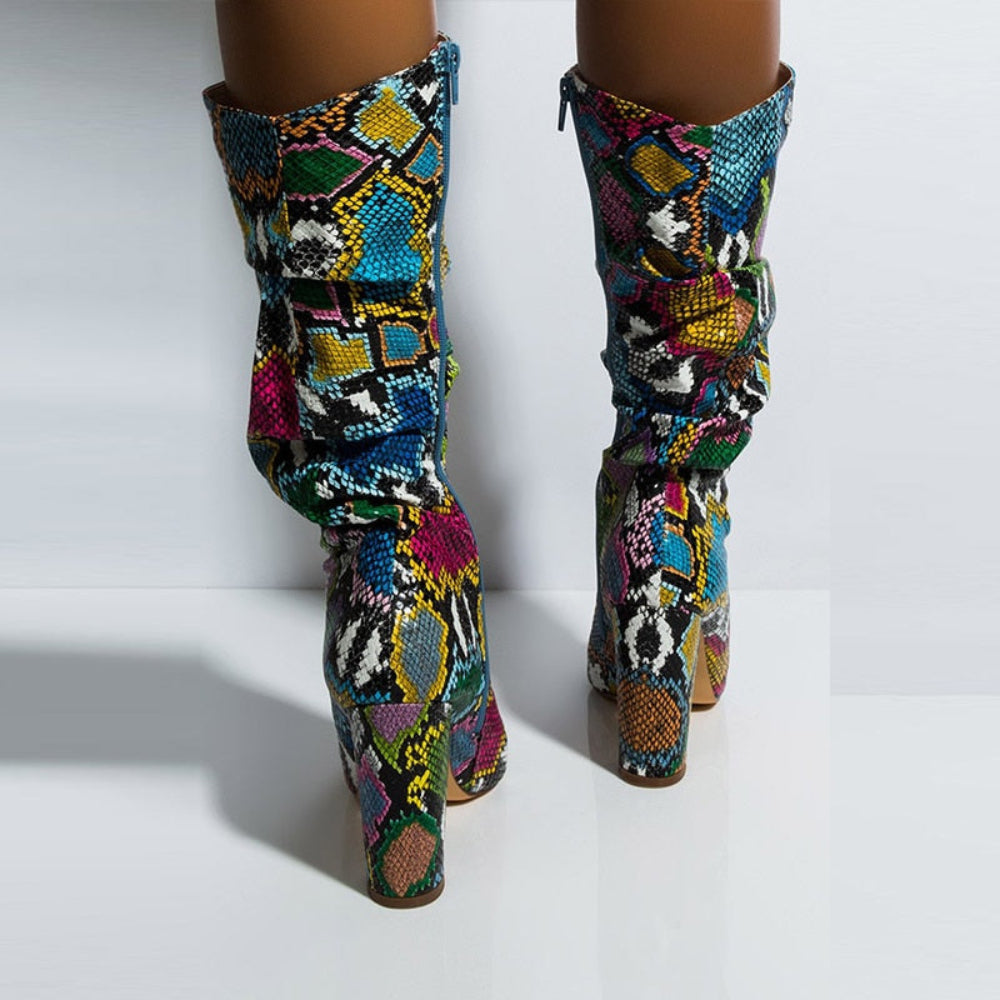 Colorful High Heels Thick Mid-calf Distressed Pointed Toe Zip Boots