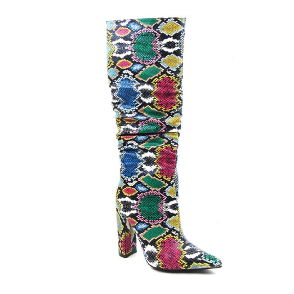 Colorful High Heels Thick Mid-calf Distressed Pointed Toe Zip Boots