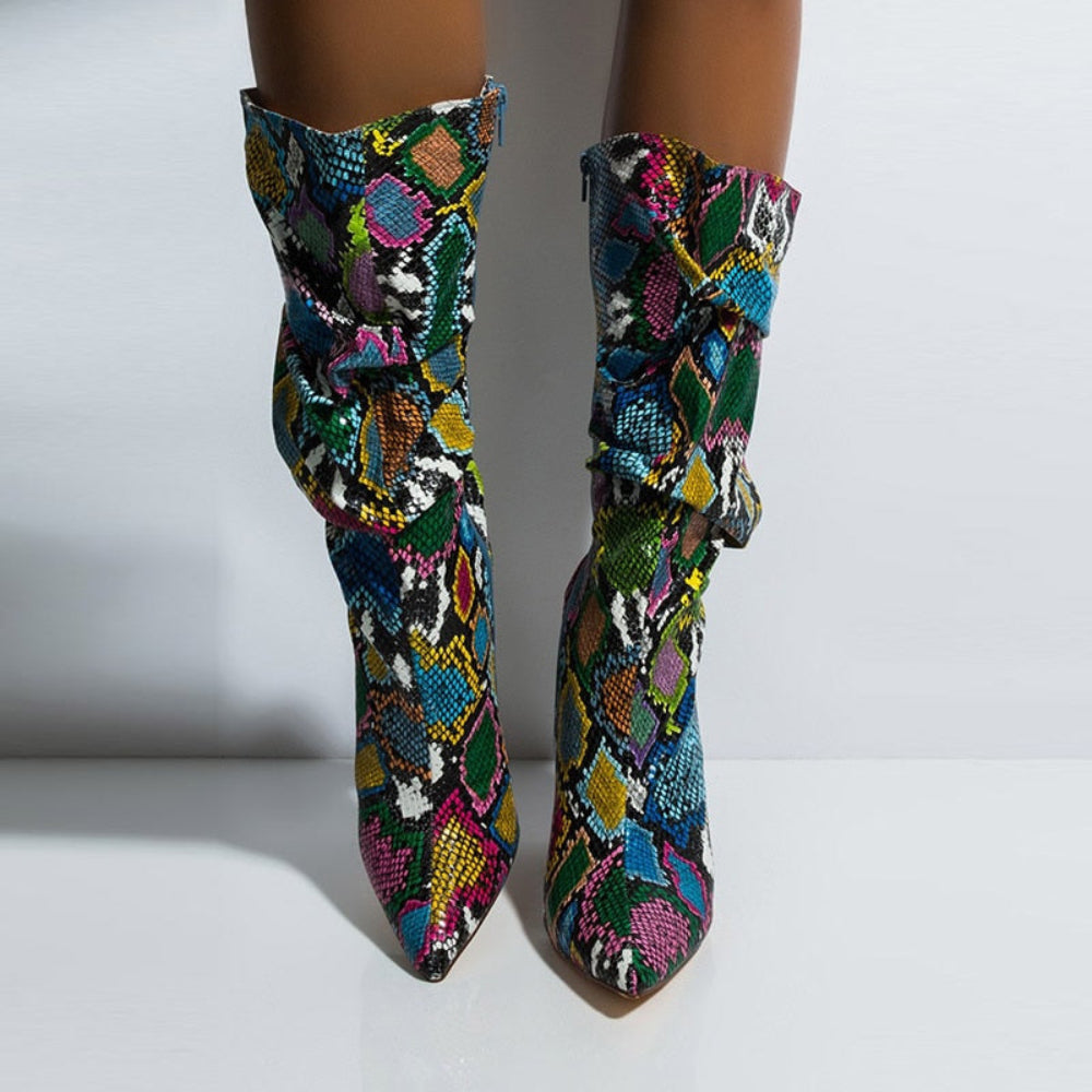 Colorful High Heels Thick Mid-calf Distressed Pointed Toe Zip Boots