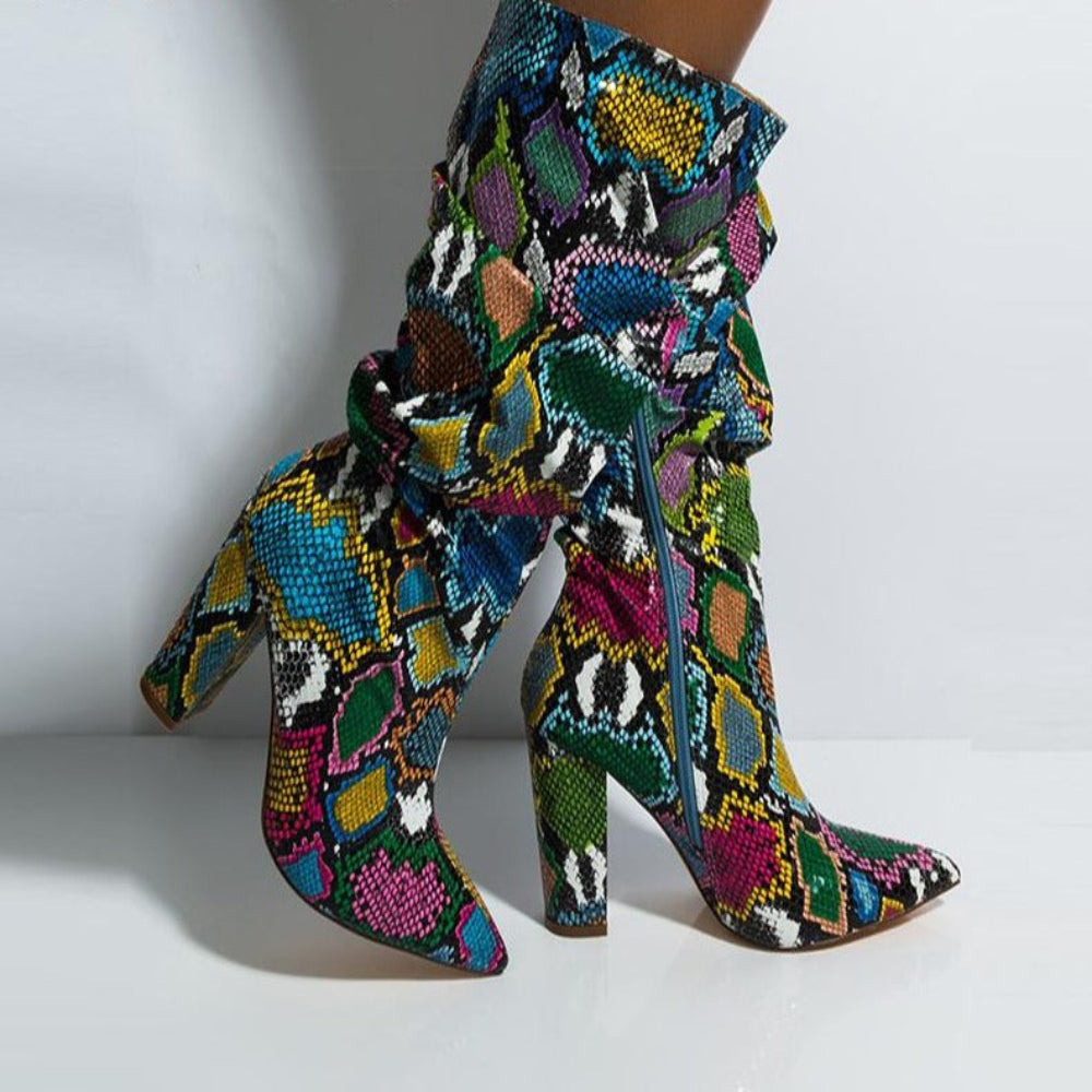 Colorful High Heels Thick Mid-calf Distressed Pointed Toe Zip Boots