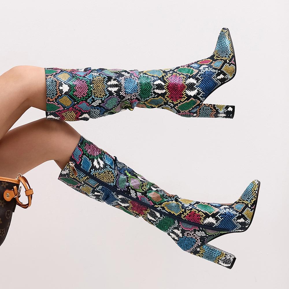 Colorful High Heels Thick Mid-calf Distressed Pointed Toe Zip Boots