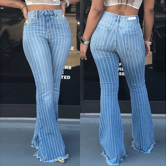 Flare Slim Stretchy Striped Denim Ruffles Tassel Jeans | Body Central