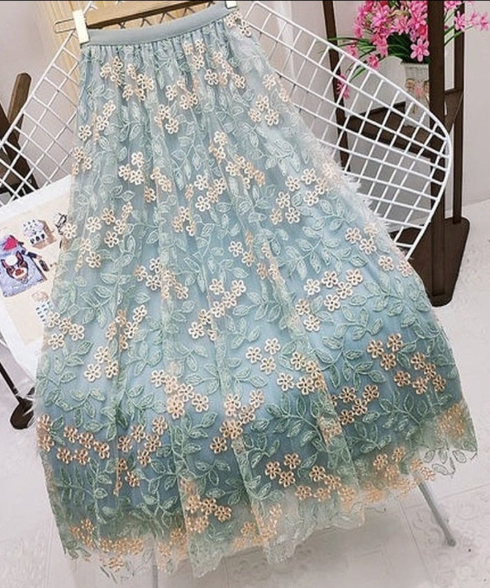 Floral Elastic High Waist Mesh Midi Skirt - Body Central Store