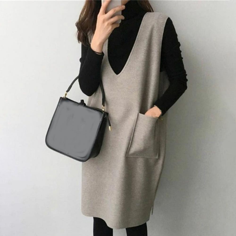 Vest Dress Solid Color Sleeveless Elegant Warm Long - Body Central Store