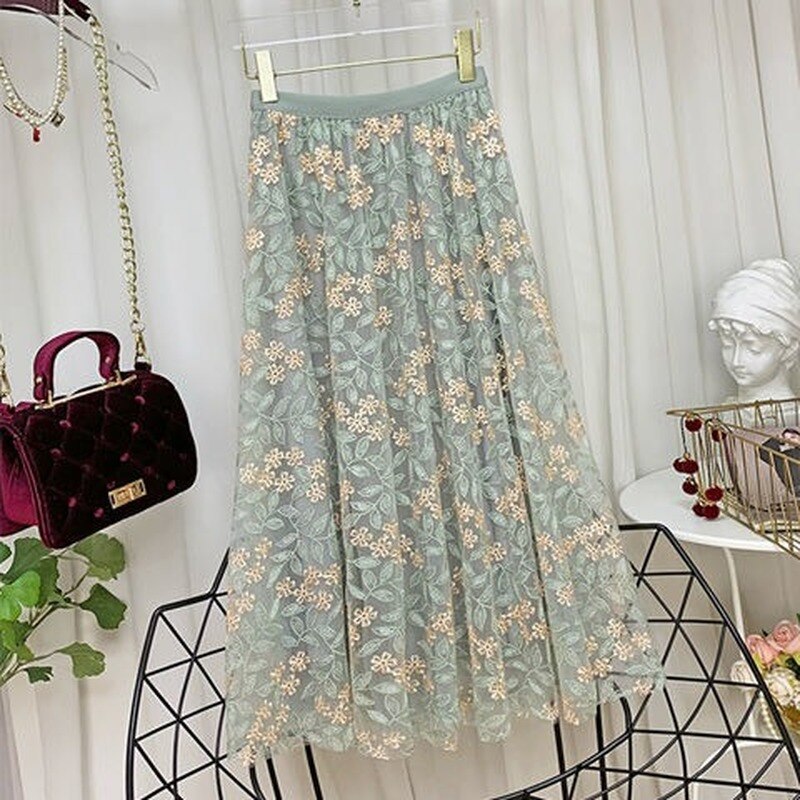 Floral Elastic High Waist Mesh Midi Skirt - Body Central Store