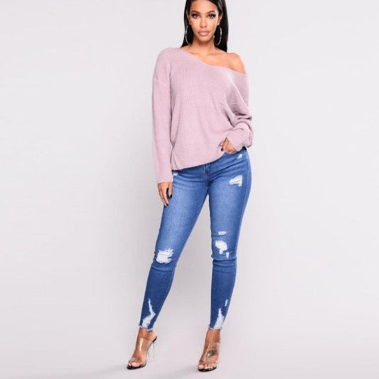High Waist Slim Hole Ripped Denim Stretch Jeans | Body Central