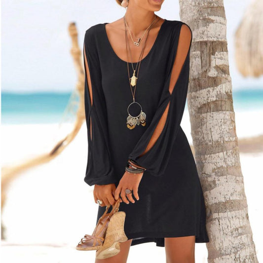 Hollow Out Lantern Sleeve O Neck Loose Straight Dress | Body Central