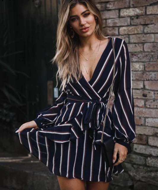 Lantern Sleeve Ruffle V-Neck Bow Belt A-Line Dress | Body Central