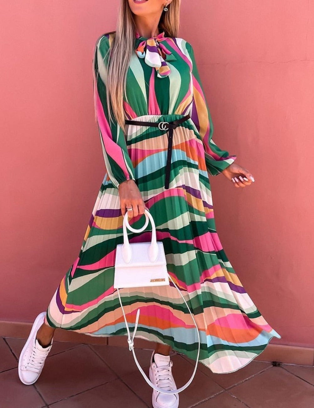 Elegant O-Neck Bow Lace-up Long Sleeve Pleated Long Dress - Body Central Store