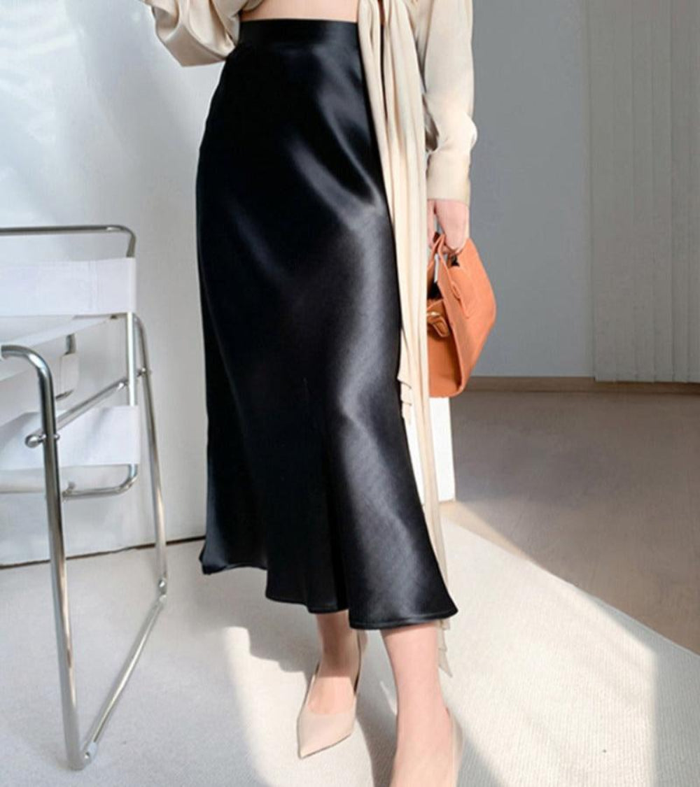 Satin Silk Midi A-line Long High Waist Skirt | Body Central