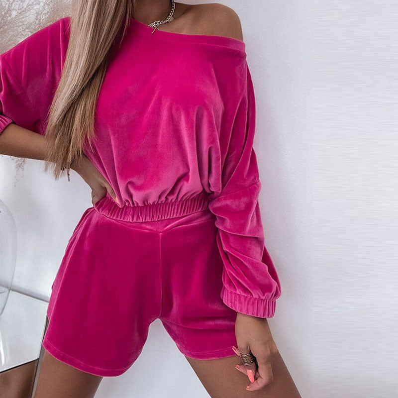 Spring Women Solid Velvet Two Piece Set Casual Long Sleeve O Neck Tops + Shorts Outfits Autumn Female O Neck Shirts Suits New - Body Central Store