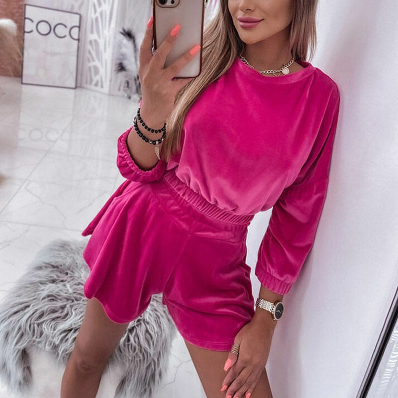 Spring Women Solid Velvet Two Piece Set Casual Long Sleeve O Neck Tops + Shorts Outfits Autumn Female O Neck Shirts Suits New - Body Central Store