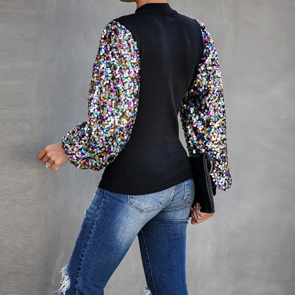Sequins Long Puff Sleeve Turtleneck Blouse | Body Central