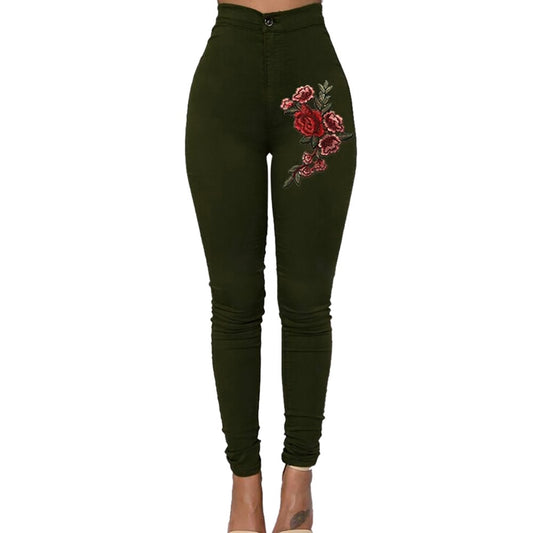 Skinny Floral Applique Elastic High Waist Stretch Slim Pencil Jeans - Body Central