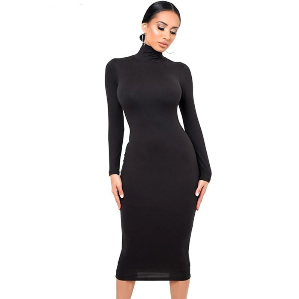 Turtleneck Sexy Long Sleeve Skinny Midi Bodycon Dress | Body Central