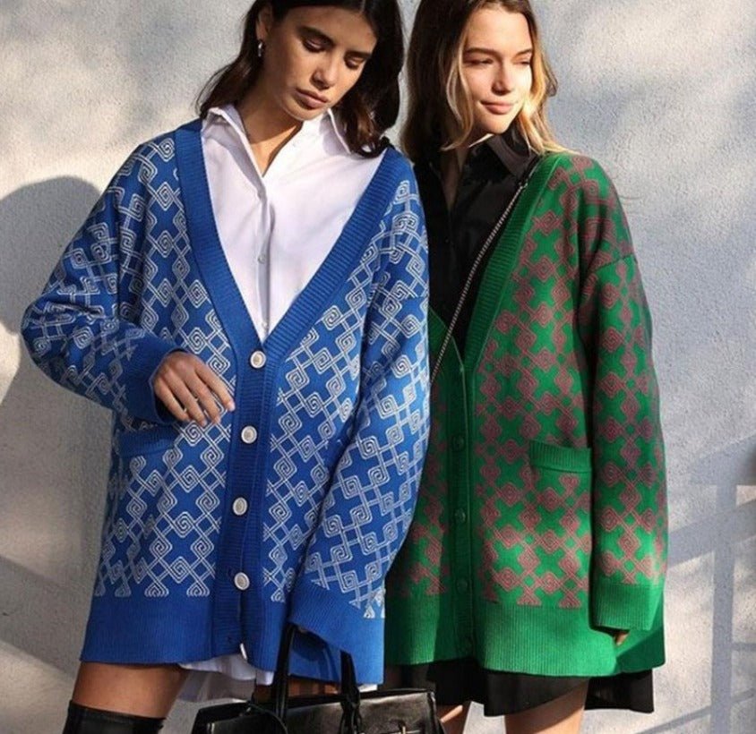 Buttons V - neck Checkered Knitted Long Sleeve Sweater Cardigan With Pocket - Body Central