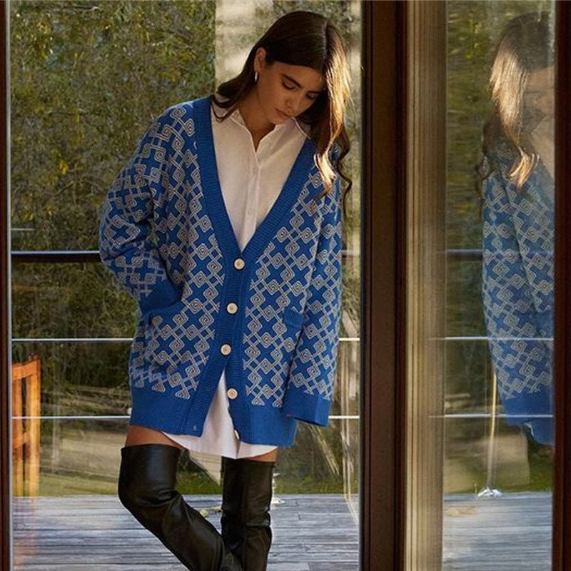 Buttons V - neck Checkered Knitted Long Sleeve Sweater Cardigan With Pocket - Body Central