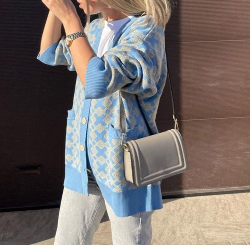 Buttons V - neck Checkered Knitted Long Sleeve Sweater Cardigan With Pocket - Body Central