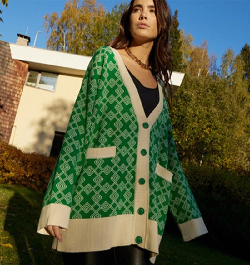 Buttons V - neck Checkered Knitted Long Sleeve Sweater Cardigan With Pocket - Body Central