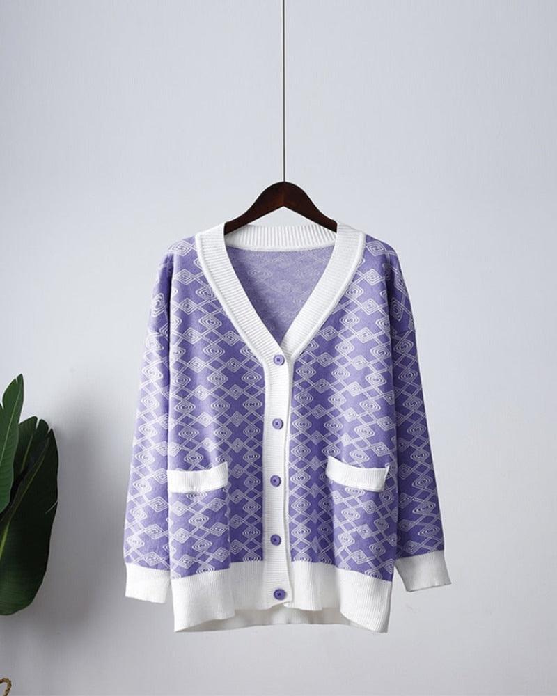 Buttons V - neck Checkered Knitted Long Sleeve Sweater Cardigan With Pocket - Body Central
