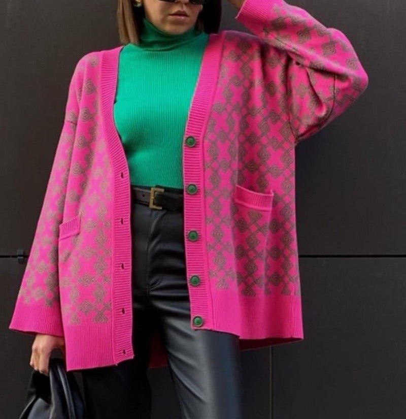 Buttons V - neck Checkered Knitted Long Sleeve Sweater Cardigan With Pocket - Body Central