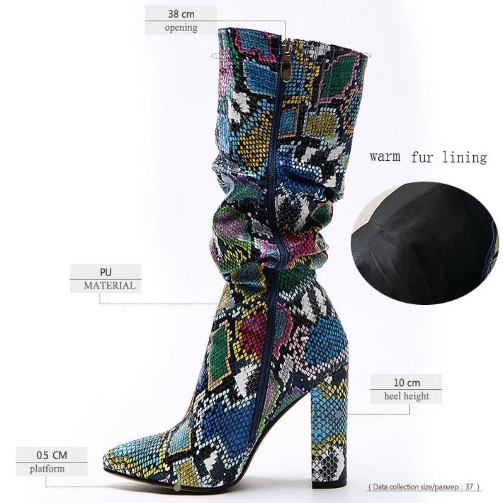 Colorful High Heels Thick Mid - calf Distressed Pointed Toe Zip Pleated Boots - Body Central