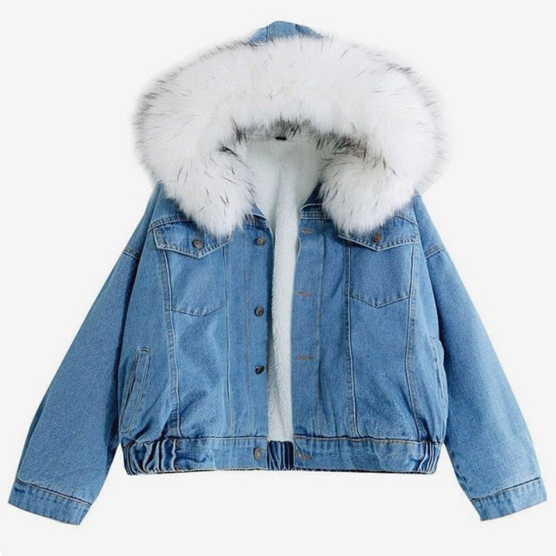 Denim Faux Fur Collar Padded Warm Hooded Velvet Coat - Body Central