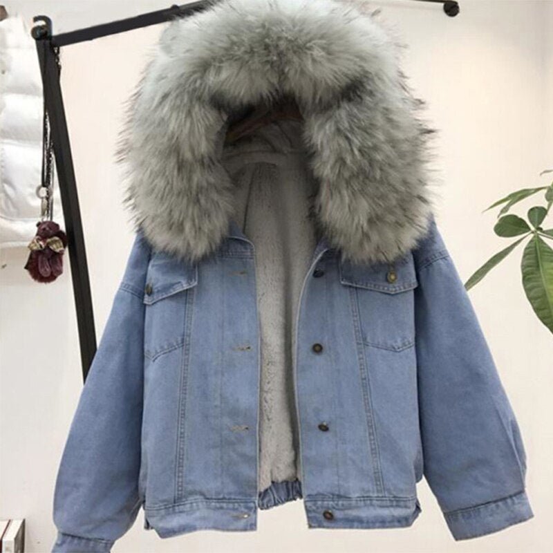 Denim Faux Fur Collar Padded Warm Hooded Velvet Coat - Body Central