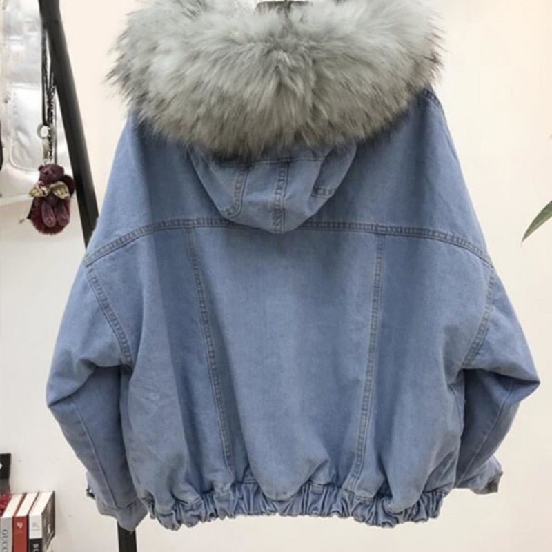 Denim Faux Fur Collar Padded Warm Hooded Velvet Coat - Body Central