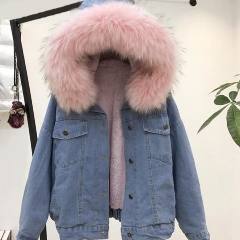 Denim Faux Fur Collar Padded Warm Hooded Velvet Coat - Body Central