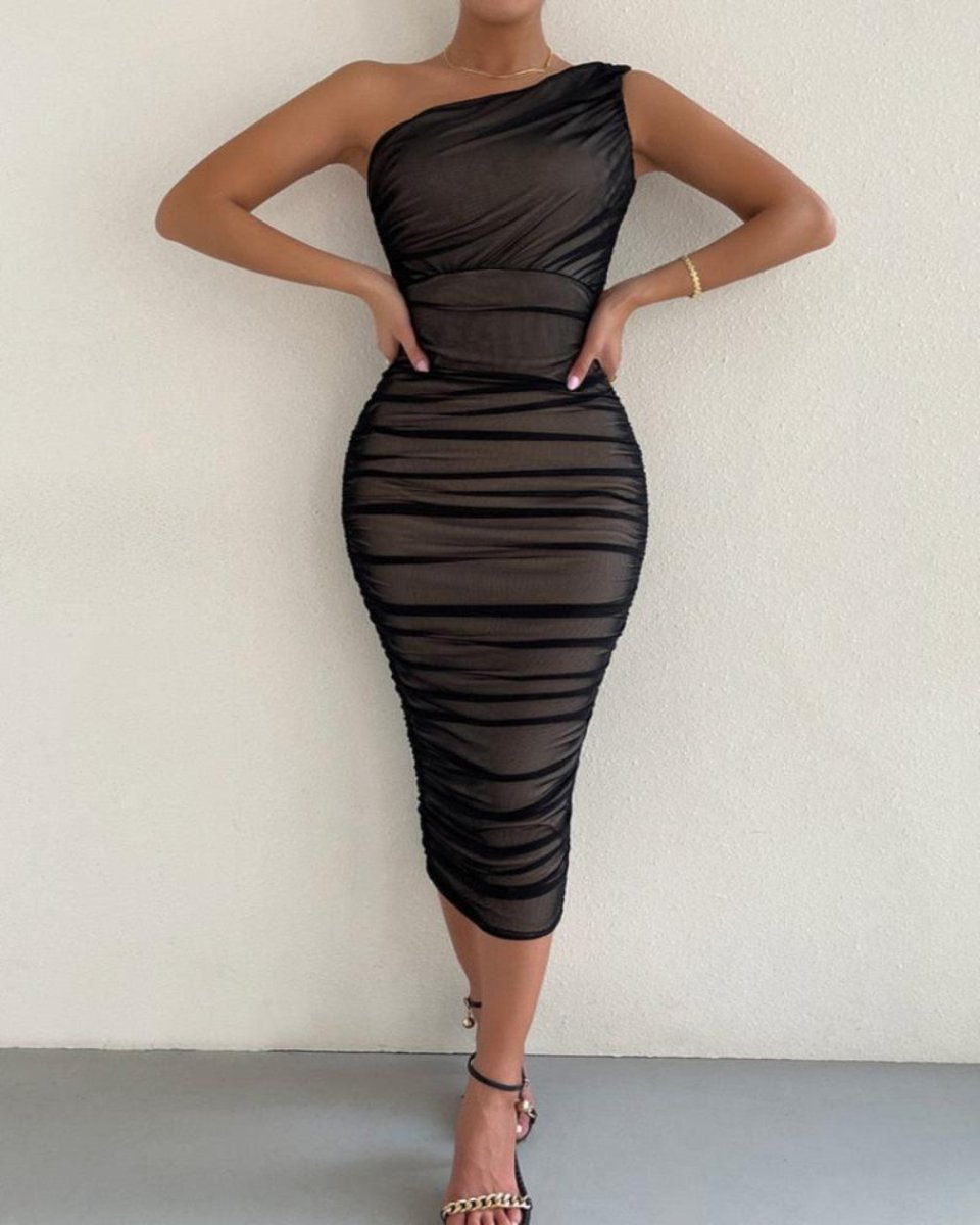Double Layer Mesh One Shoulder Backless Midi Dress - Body Central