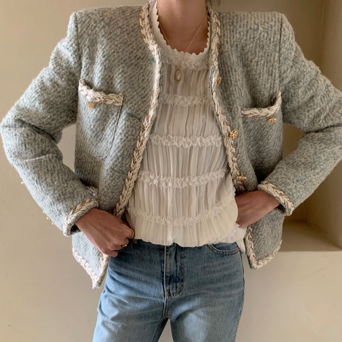 Elegant Tweed Woolen Single Breasted Streetwear Jacket - Body Central